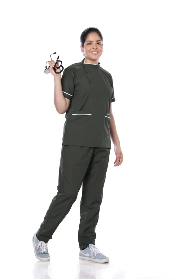 Forest_Green_5_Pocket_Biofit_Collar_Scrub_With_Cap_&_Mask_For_Women
