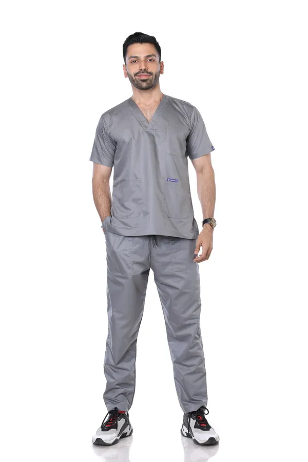Grey_9_Pocket_Scrub_V_Neck_With_Cap_&_Mask_For_Men