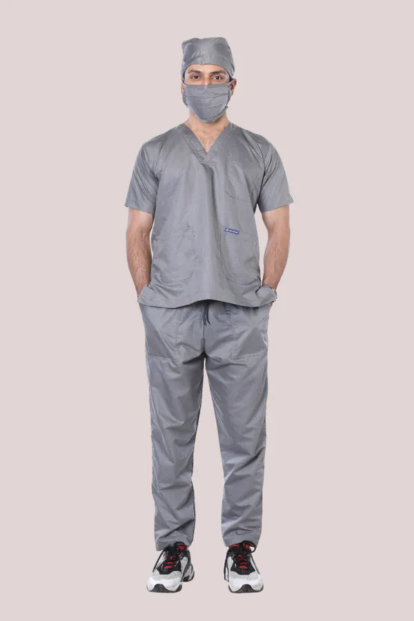 Grey_9_Pocket_Scrub_V_Neck_With_Cap_&_Mask_For_Men