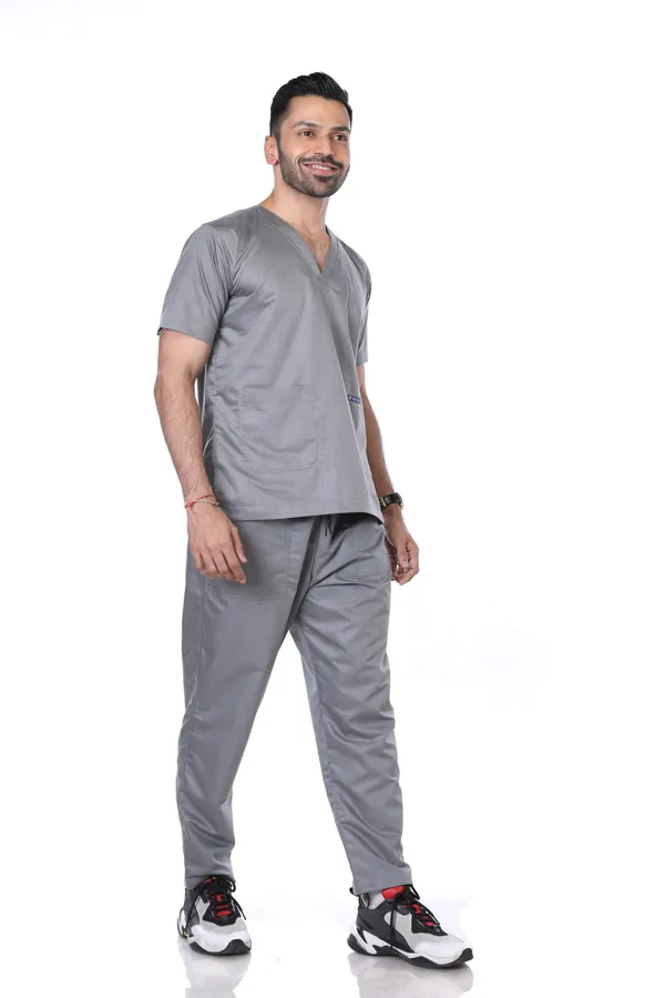 Grey_9_Pocket_Scrub_V_Neck_With_Cap_&_Mask_For_Men