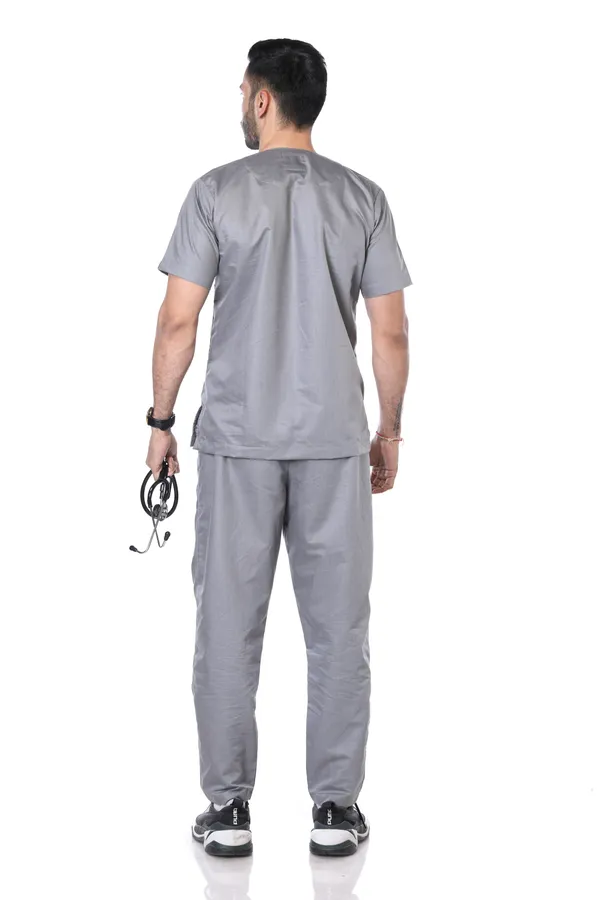 Grey_9_Pocket_Scrub_V_Neck_With_Cap_&_Mask_For_Men