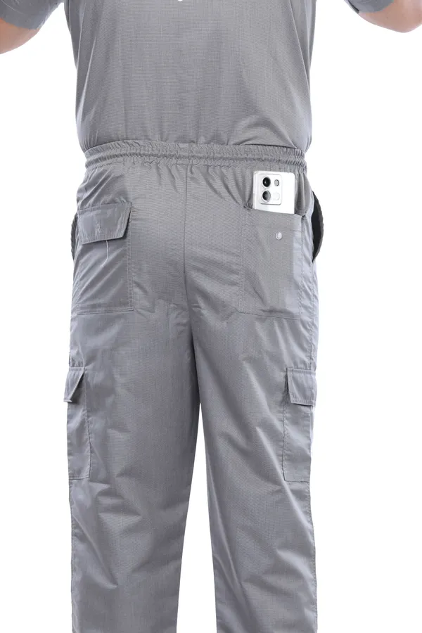 Grey_9_Pocket_Scrub_V_Neck_With_Cap_&_Mask_For_Men