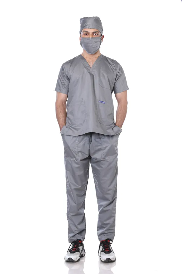 Grey_9_Pocket_Scrub_V_Neck_With_Cap_&_Mask_For_Men