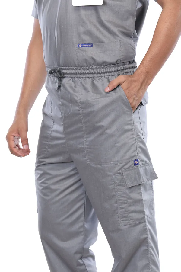 Grey_9_Pocket_Scrub_V_Neck_With_Cap_&_Mask_For_Men