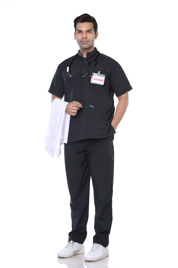 Black_5_Pocket_Mandarin_Collar_Scrub_With_Cap_&_Mask_For_Men