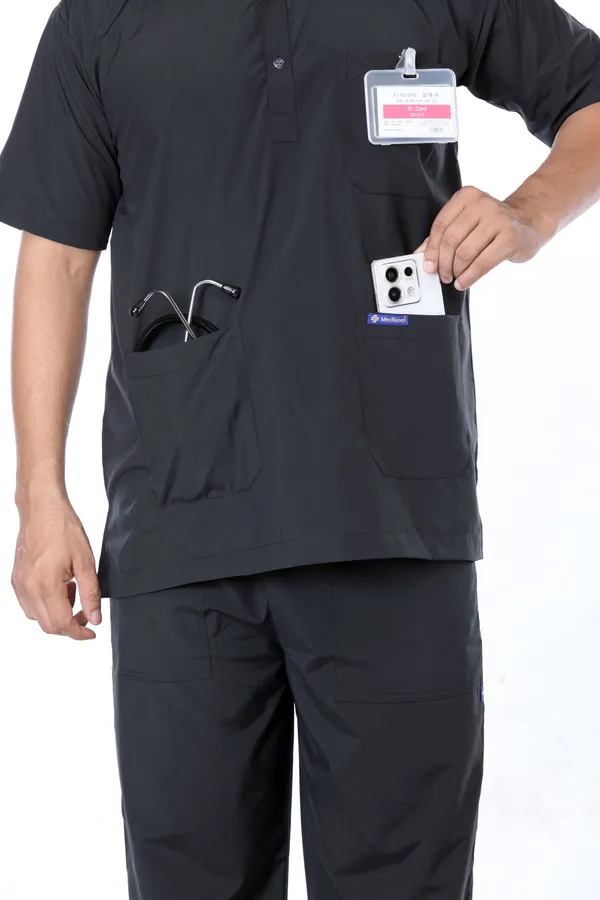 Black_5_Pocket_Mandarin_Collar_Scrub_With_Cap_&_Mask_For_Men