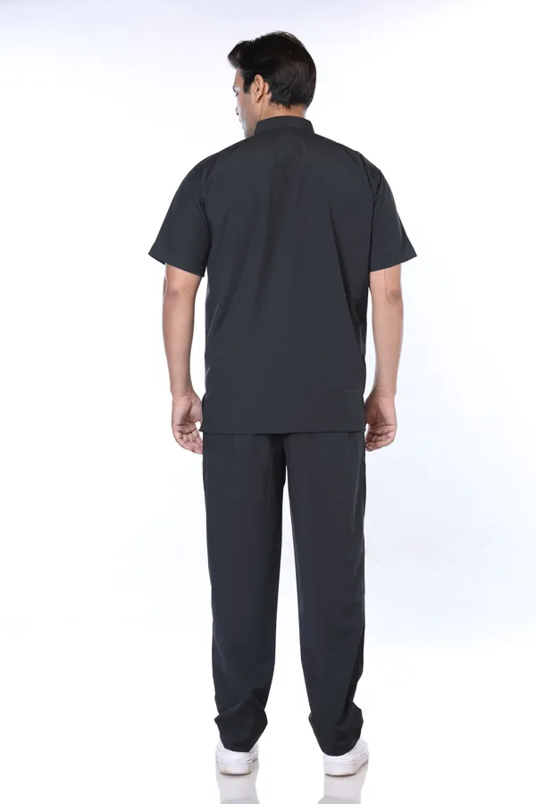 Black_5_Pocket_Mandarin_Collar_Scrub_With_Cap_&_Mask_For_Men