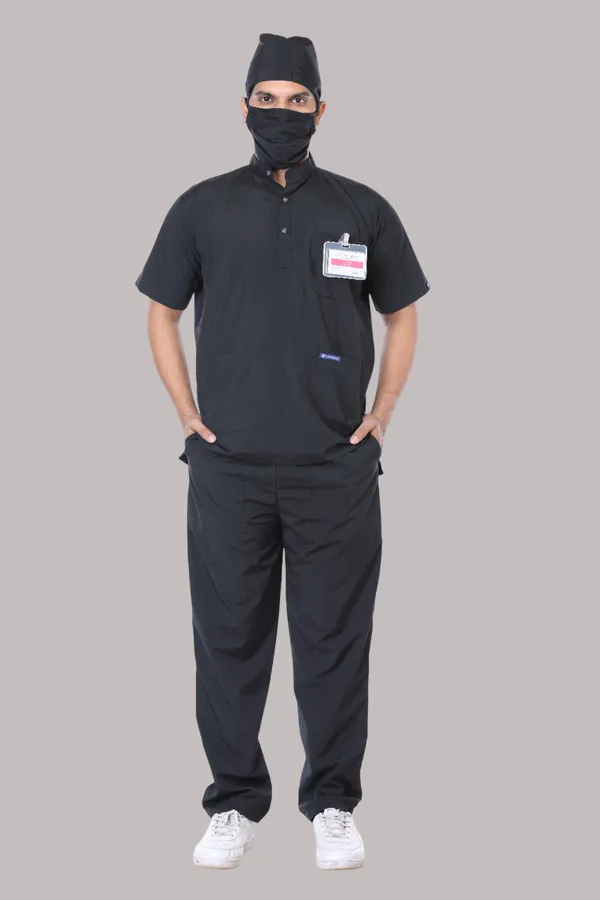 Black_5_Pocket_Mandarin_Collar_Scrub_With_Cap_&_Mask_For_Men