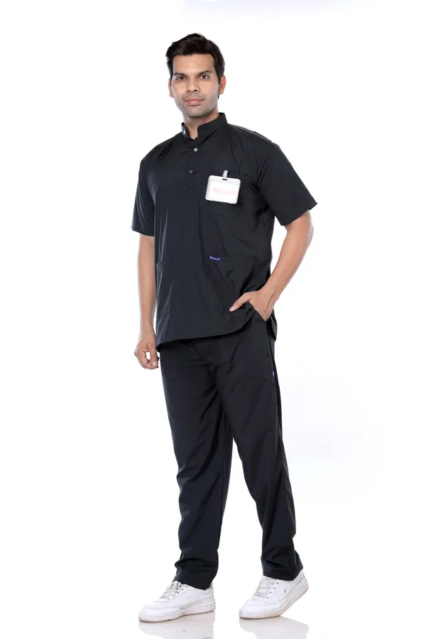 Black_5_Pocket_Mandarin_Collar_Scrub_With_Cap_&_Mask_For_Men