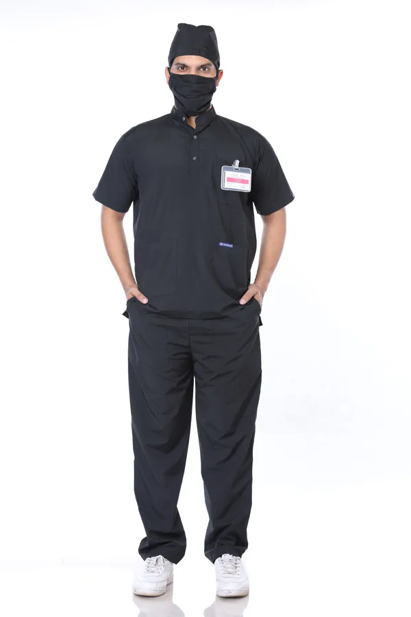 Black_5_Pocket_Mandarin_Collar_Scrub_With_Cap_&_Mask_For_Men