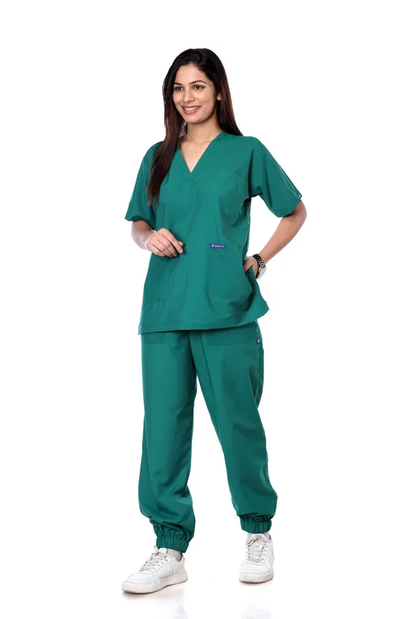 Green_7_Pocket_V_Neck_Scrub_With_Cap_&_Mask_For_Women