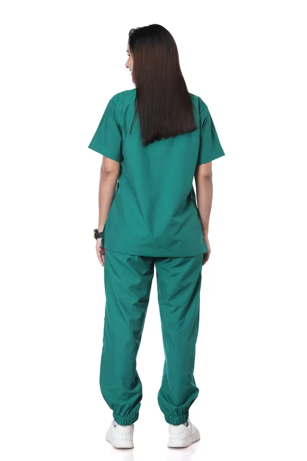 Green_7_Pocket_V_Neck_Scrub_With_Cap_&_Mask_For_Women