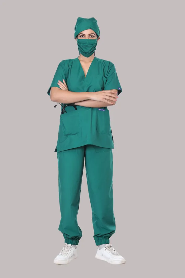 Green_7_Pocket_V_Neck_Scrub_With_Cap_&_Mask_For_Women