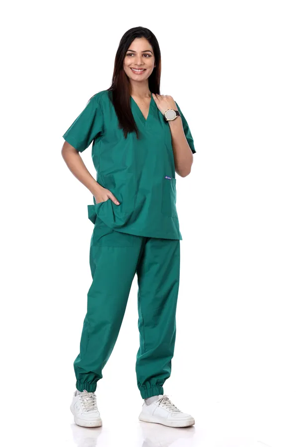 Green_7_Pocket_V_Neck_Scrub_With_Cap_&_Mask_For_Women