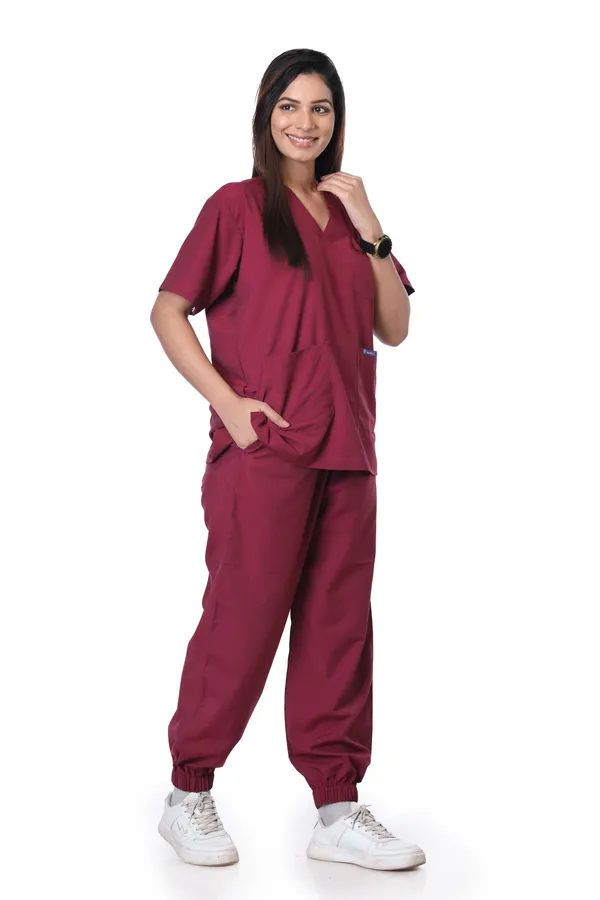 Maroon_7_Pocket_V_Neck_Scrub_With_Cap_&_Mask_For_Women