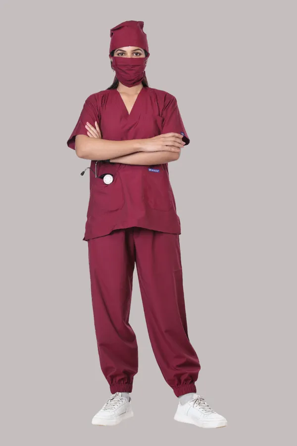Maroon_7_Pocket_V_Neck_Scrub_With_Cap_&_Mask_For_Women