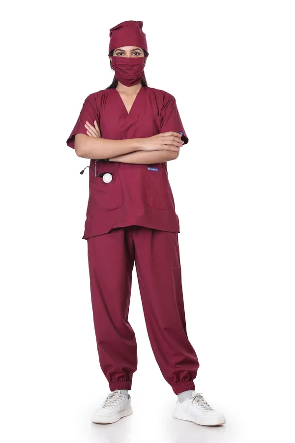 Maroon_7_Pocket_V_Neck_Scrub_With_Cap_&_Mask_For_Women