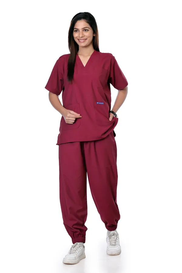 Maroon_7_Pocket_V_Neck_Scrub_With_Cap_&_Mask_For_Women