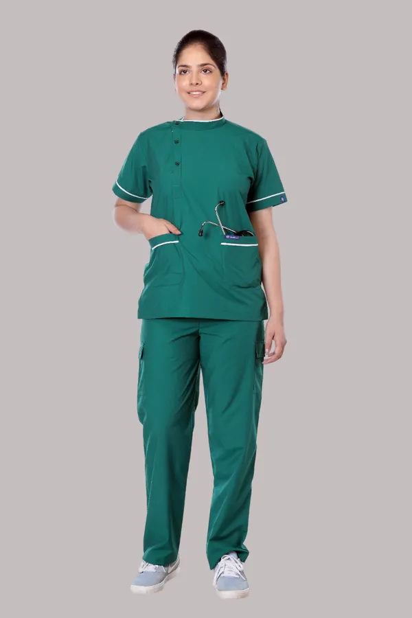 Green_9_Pocket_Biofit_Collar_Scrub_With_Cap_&_Mask_For_Women
