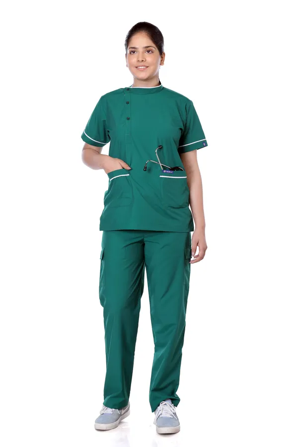 Green_9_Pocket_Biofit_Collar_Scrub_With_Cap_&_Mask_For_Women