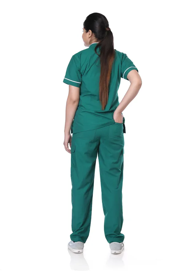 Green_9_Pocket_Biofit_Collar_Scrub_With_Cap_&_Mask_For_Women