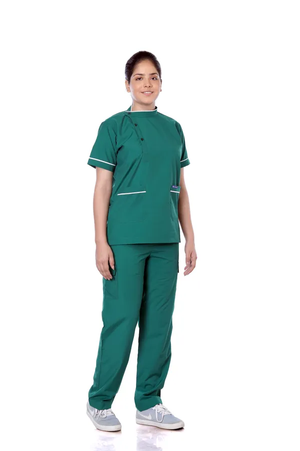 Green_9_Pocket_Biofit_Collar_Scrub_With_Cap_&_Mask_For_Women