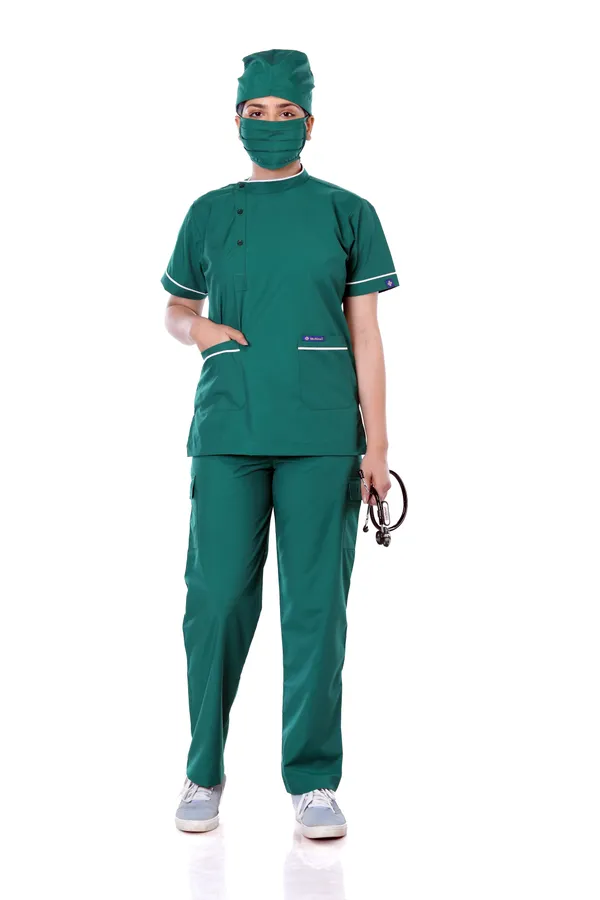 Green_9_Pocket_Biofit_Collar_Scrub_With_Cap_&_Mask_For_Women