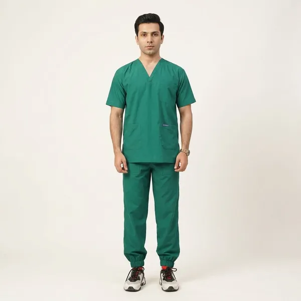 Green_7_Pocket_V_Neck_Scrub_With_Cap_&_Mask_For_Men