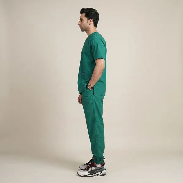 Green_7_Pocket_V_Neck_Scrub_With_Cap_&_Mask_For_Men