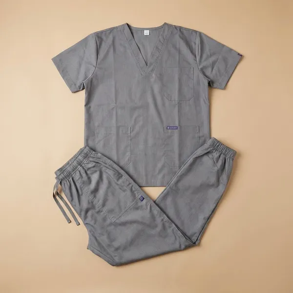 Grey_7_Pocket_V_Neck_Scrub_With_Cap_&_Mask_For_Men