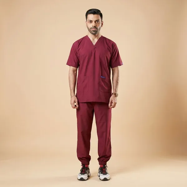 Maroon_7_Pocket_V_Neck_Scrub_With_Cap_&_Mask_For_Men