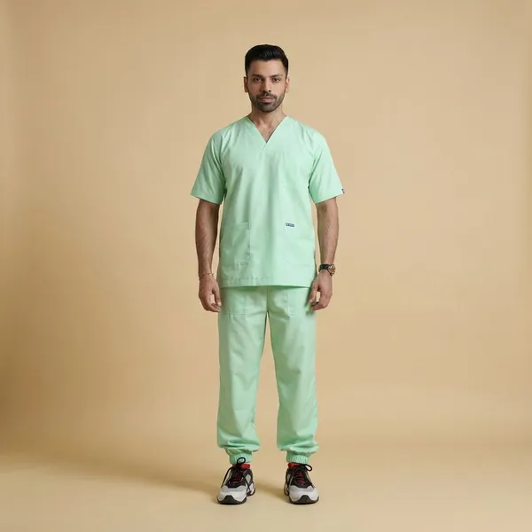 Pastel_Green_7_Pocket_V_Neck_Scrub_With_Cap_&_Mask_For_Men
