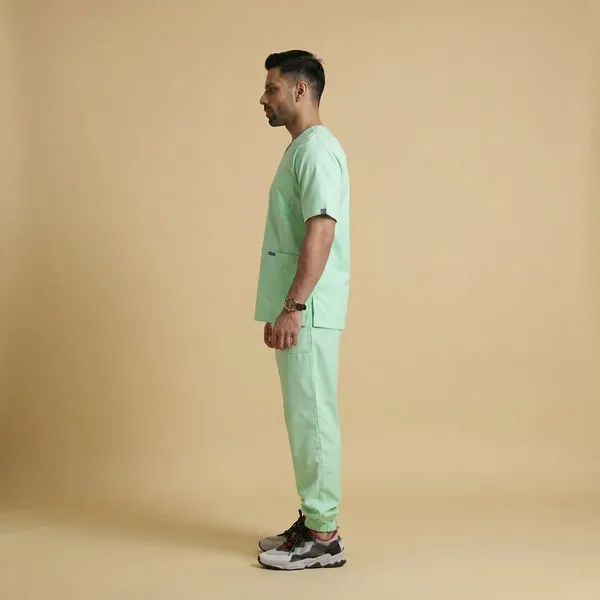 Pastel_Green_7_Pocket_V_Neck_Scrub_With_Cap_&_Mask_For_Men