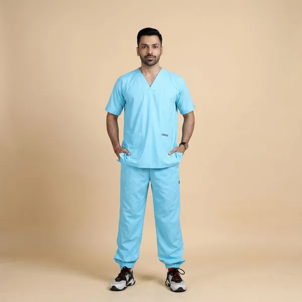 Pastel_Blue_7_Pocket_V_Neck_Scrub_With_Cap_&_Mask_For_Men