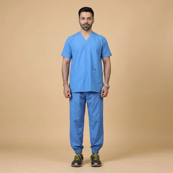 Sky_Blue_7_Pocket_V_Neck_Scrub_With_Cap_&_Mask_For_Men