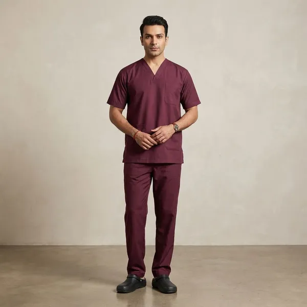Wine_7_Pocket_V_Neck_Scrub_With_Cap_&_Mask_For_Men