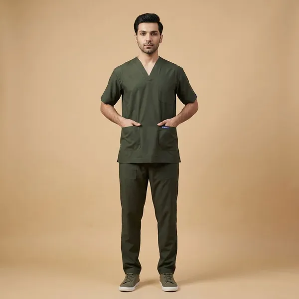 Forest_Green_9_Pocket_Scrub_V_Neck_With_Cap_&_Mask_For_Men