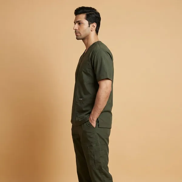 Forest_Green_9_Pocket_Scrub_V_Neck_With_Cap_&_Mask_For_Men