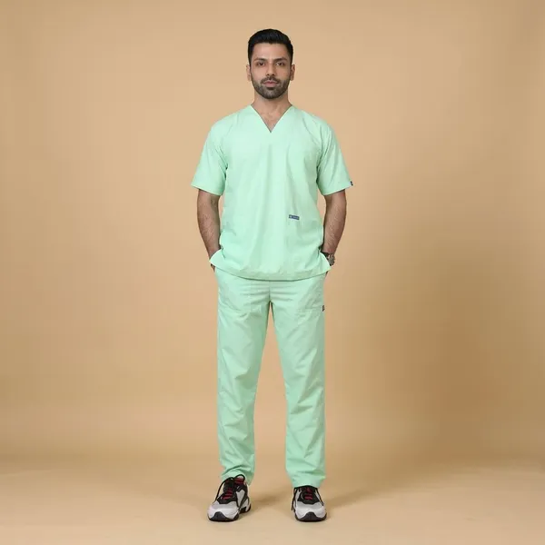 Pastel_Green_9_Pocket_Scrub_V_Neck_With_Cap_&_Mask_For_Men