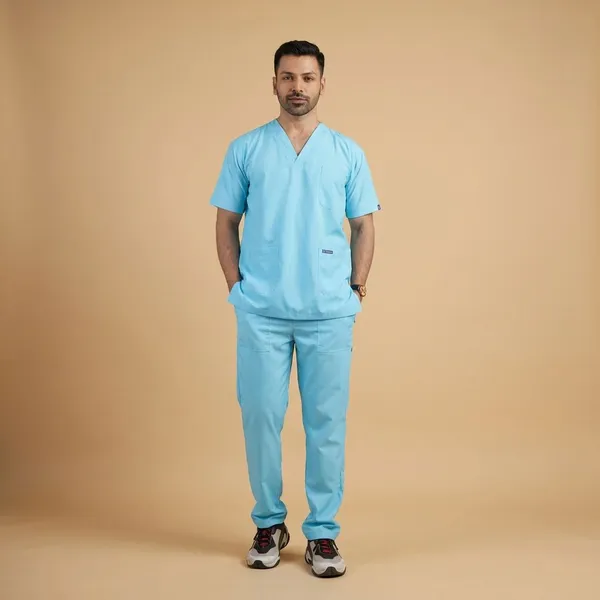 Pastel_Blue_9_Pocket_Scrub_V_Neck_With_Cap_&_Mask_For_Men