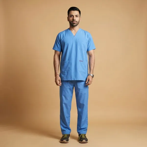 Sky_Blue_9_Pocket_Scrub_V_Neck_With_Cap_&_Mask_For_Men