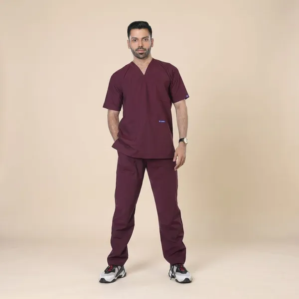 Wine_9_Pocket_Scrub_V_Neck_With_Cap_&_Mask_For_Men