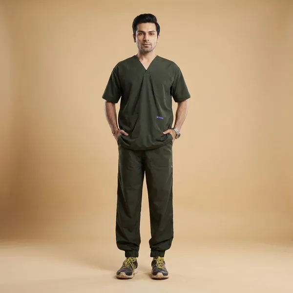 Forest_Green_7_Pocket_Mandarin_Collar_Scrub_With_Cap_&_Mask_For_Men