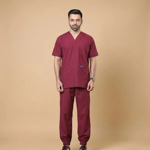 Maroon_7_Pocket_Mandarin_Collar_Scrub_With_Cap_&_Mask_For_Men