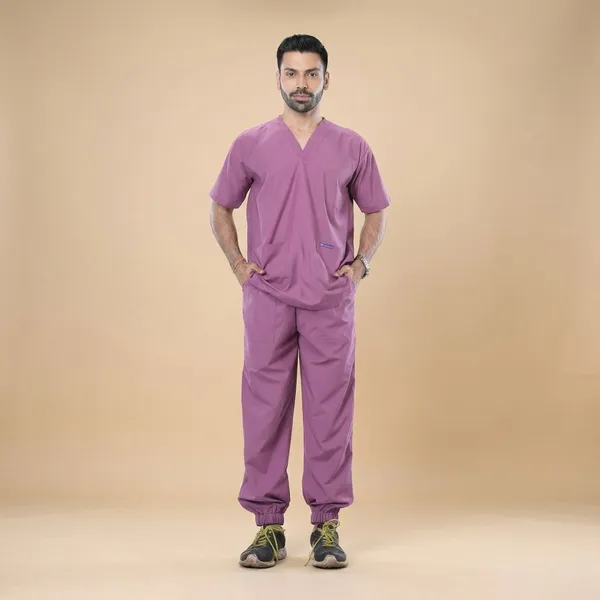Misty_Pink_7_Pocket_Mandarin_Collar_Scrub_With_Cap_&_Mask_For_Men