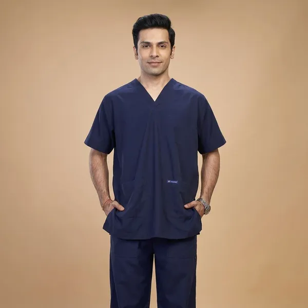 Navy_Blue_7_Pocket_Mandarin_Collar_Scrub_With_Cap_&_Mask_For_Men