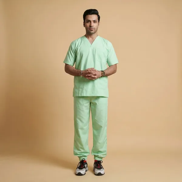 Pastel_Green_7_Pocket_Mandarin_Collar_Scrub_With_Cap_&_Mask_For_Men