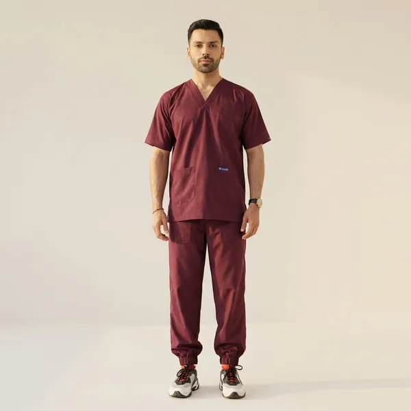 Wine_7_Pocket_Mandarin_Collar_Scrub_With_Cap_&_Mask_For_Men