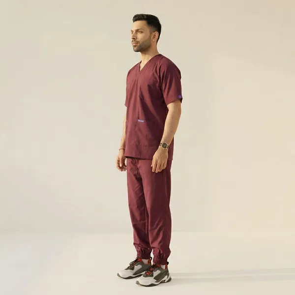 Wine_7_Pocket_Mandarin_Collar_Scrub_With_Cap_&_Mask_For_Men