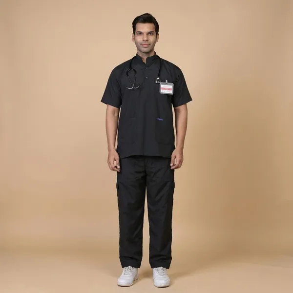 Black_9_Pocket_Mandarin_Collar_Scrub_With_Cap_&_Mask_For_Men